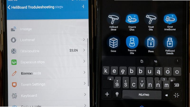 HeliBoard troubleshooting steps, smartphone settings menu, keyboard selection screen, clear icons