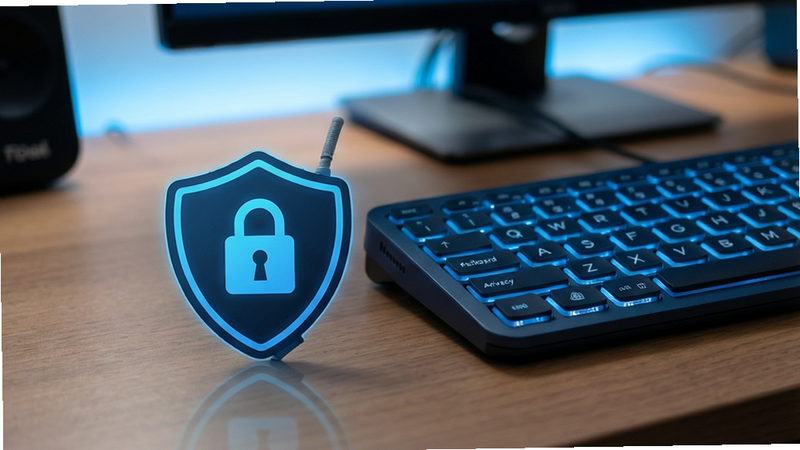 HeliBoard privacy shield icon, lock symbol next to keyboard, minimalist design, tech blue color scheme