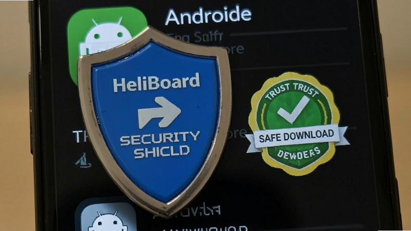 HeliBoard security check shield, safe download icon, trust badge on Android app store