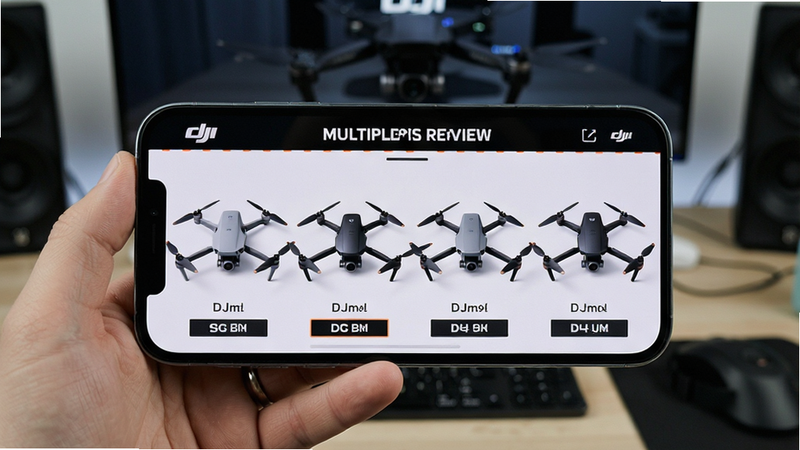 Multiple DJI drone models displayed on a smartphone screen, side by side comparison, tech review style