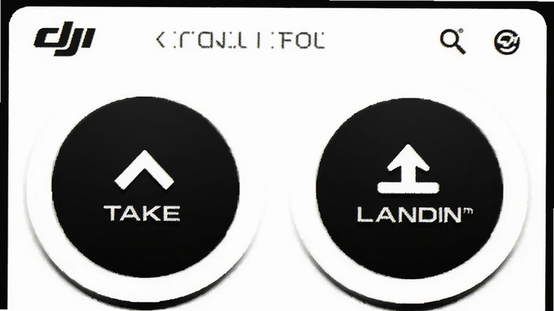 DJI Control minimalist UI mockup, large touch buttons for takeoff and landing, white background with black text, clean vector graphic style