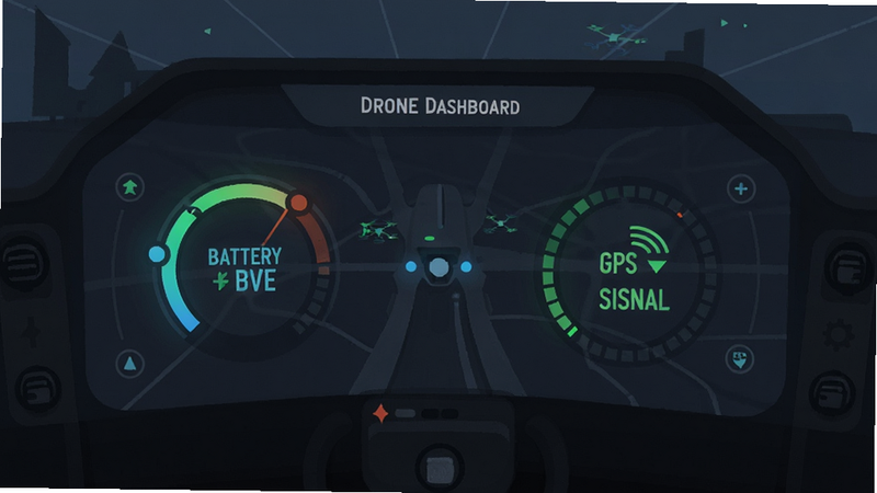 Drone dashboard with battery level and GPS signal indicators, modern flat design, dark mode interface, glowing data points