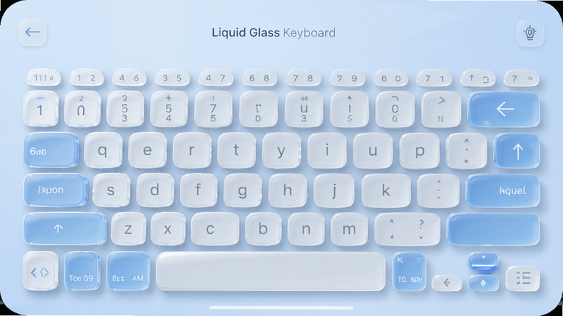 Liquid Glass Keyboard app interface screenshot, modern glass effect buttons, clean layout, soft blue and white color palette, high resolution, realistic 3D render style, clean background, no extra elements