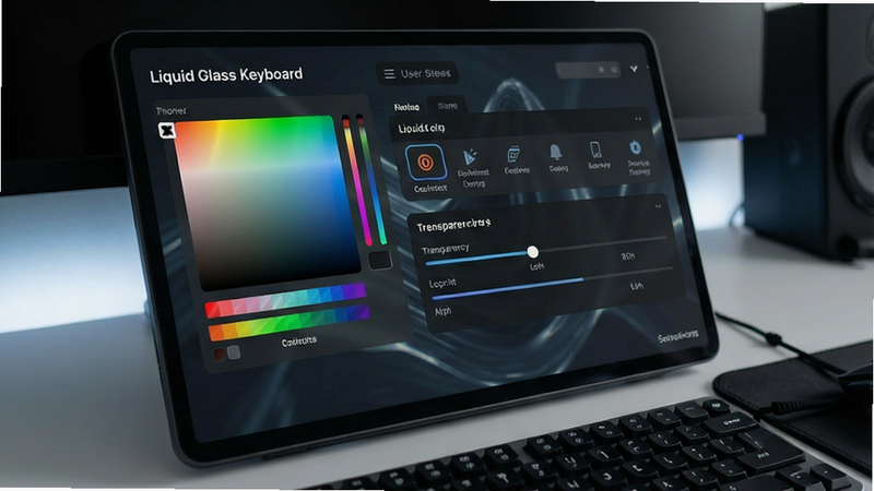 Liquid Glass Keyboard theme settings menu, color picker, transparency slider, user interface, sleek design
