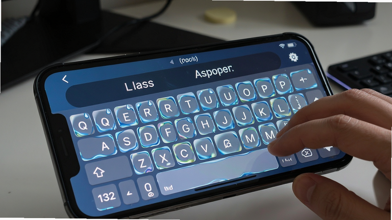 Liquid Glass Keyboard typing screen, predictive text suggestions bar, clear font, intuitive UI, smartphone display