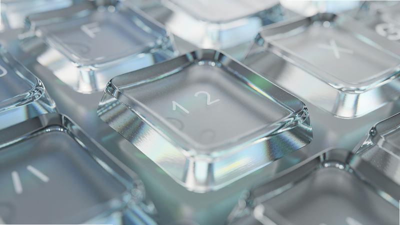 Liquid Glass Keyboard key close-up, transparent glass texture, light refraction, subtle glow, minimalist design, high quality digital art