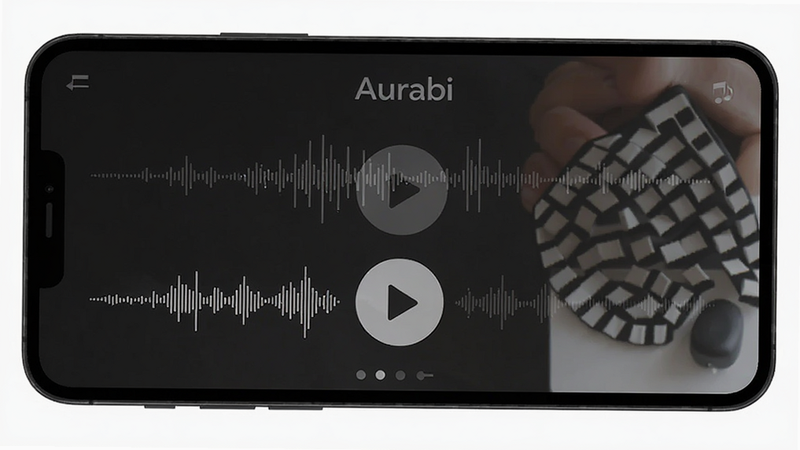 Aurabi music player interface, minimalist design, dark mode, clean UI with large play button, waveform visualization, flat style, high quality, no extra elements