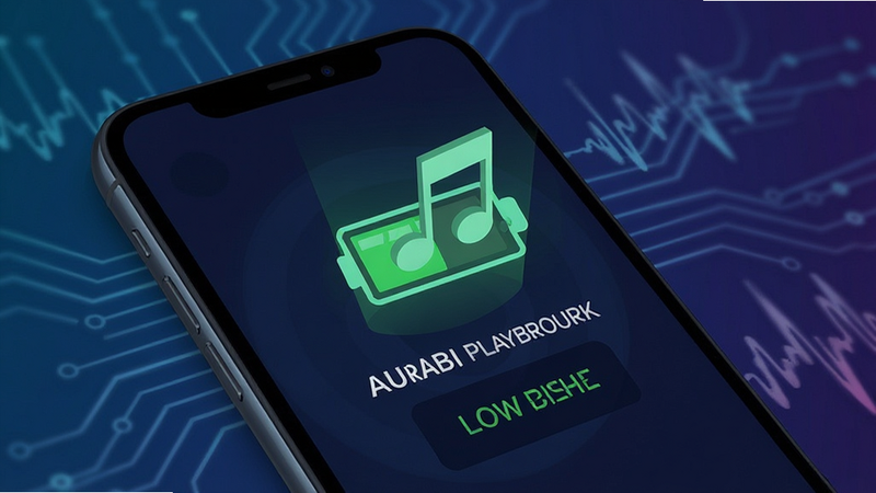 Aurabi background playback feature, smartphone battery icon green, music note floating, low resource usage indicator, clean tech illustration