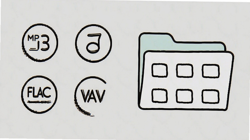 Aurabi file format compatibility icons MP3 FLAC WAV, folder structure graphic, simple line art style