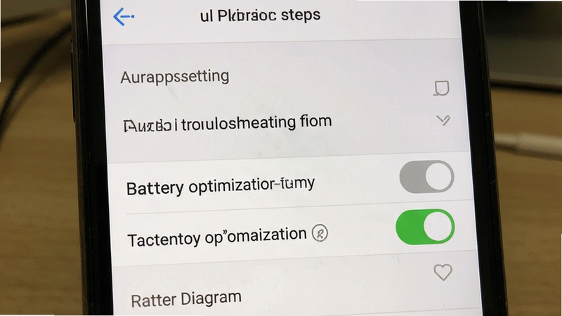 Aurabi troubleshooting steps, smartphone settings menu, battery optimization toggle, simple diagram