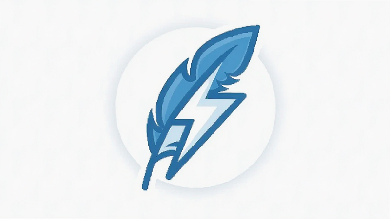 Icon of a feather or a lightning bolt symbolizing speed and lightness, minimalist style, blue and white color scheme, clean background, vector art