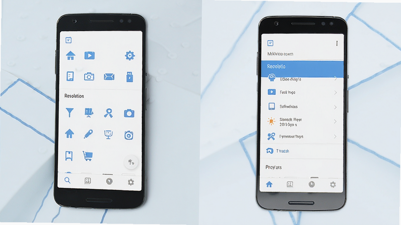 As a minimalist Android app interface showing clean icons and a simple menu layout, flat design style, white background with subtle blue accents, high resolution, no text overlay, vector graphics, modern UI