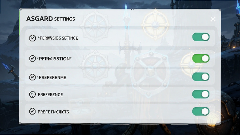 Asgard settings menu showing toggles for permissions and preferences, clean list layout, light theme