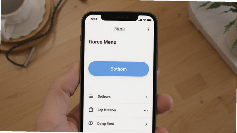 Screenshot of a simple app home screen with one large button and a few menu items, clean typography, light mode theme, realistic UI mockup