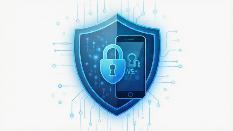 Icon of a shield protecting a smartphone, representing privacy and security, digital style, blue glow effect, clean background