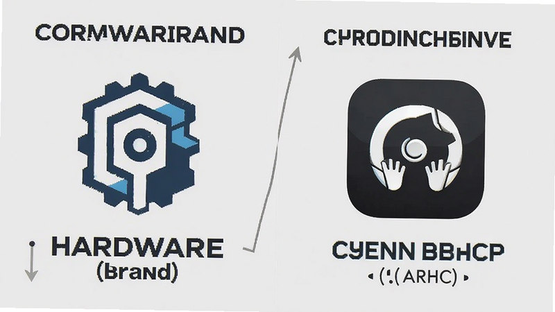Comparison chart between a hardware brand logo and an app icon, side by side, neutral background, informative infographic style