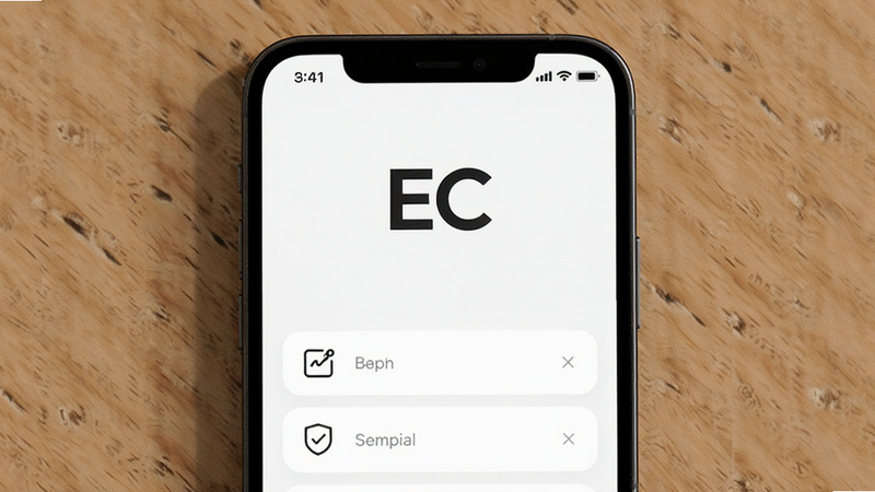 EC app interface screenshot, minimalist design, clean white background, central logo