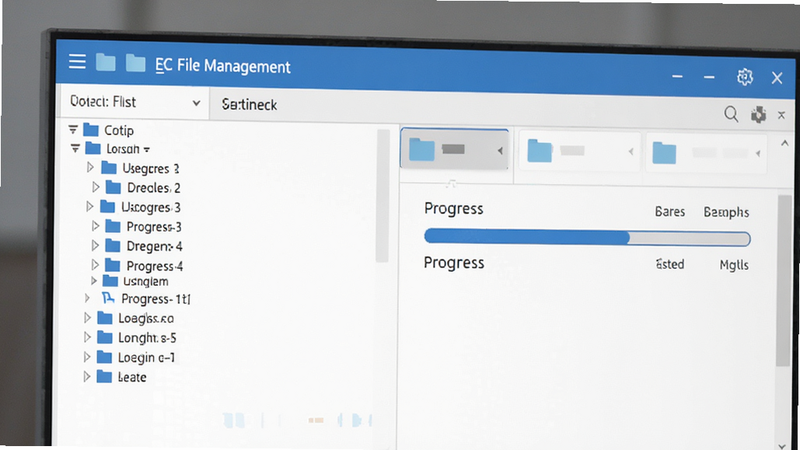 EC file management interface, folder tree view, progress bar, blue accent color, clean layout, realistic screenshot style