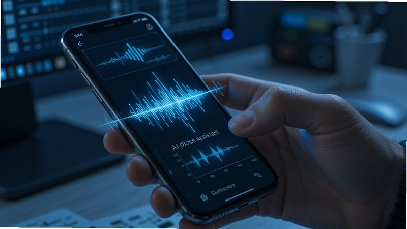 AI voice assistant processing speech, digital waveform visualization, smartphone interface, tech aesthetic, futuristic design, blue light glow, high quality, detailed graphics