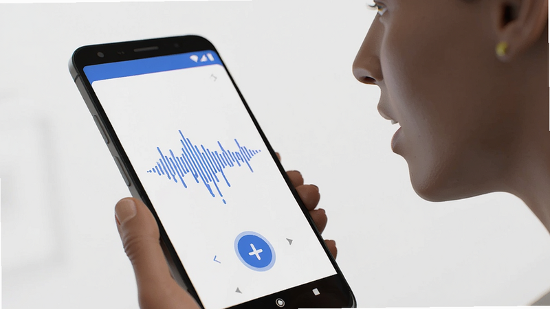 smartphone screen showing voice assistant interface, user speaking to phone, voice wave visualization, modern android UI, blue accent color, clean background, realistic 3D render, high detail