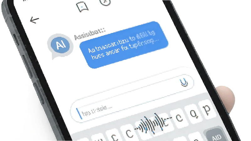 smartphone with AI assistant chat window, text input interface, user typing via voice, clean UI, white background, modern typography, vector illustration style