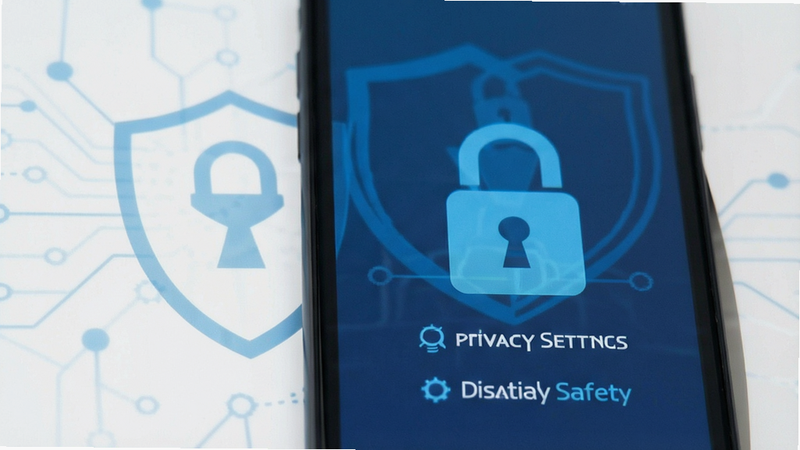 privacy shield icon, smartphone security settings, lock symbol, digital safety concept, minimalist design, blue tone