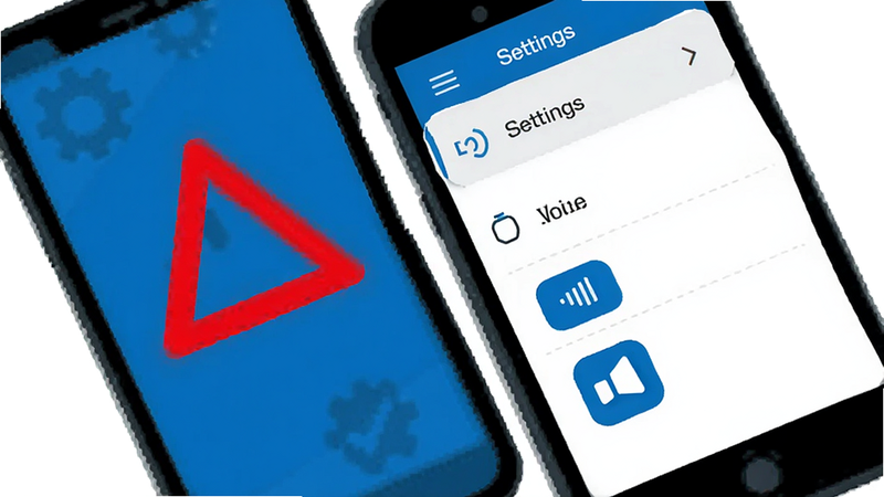 smartphone troubleshooting screen, error message icon, settings menu open, voice assistant app icon, clean vector style, blue and red accents, high contrast