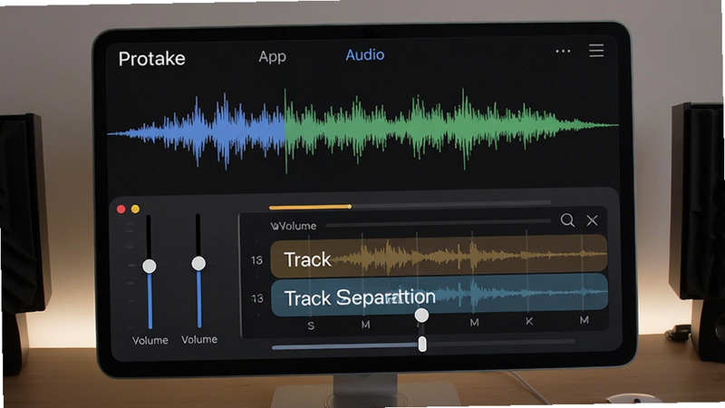 Protake app audio waveform editor with volume sliders and track separation view
