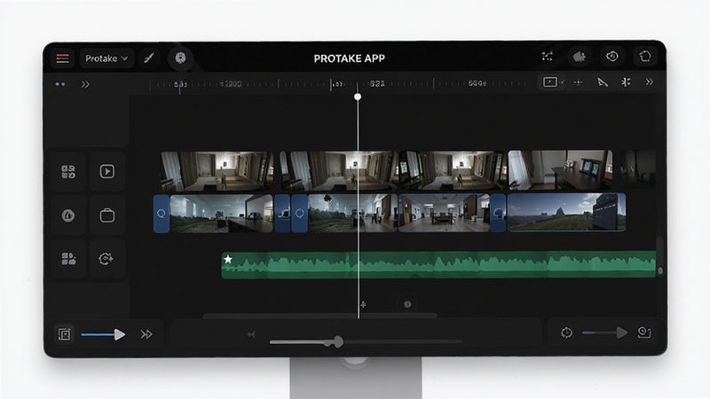 Protake app interface with multiple video tracks and timeline controls, dark mode UI, clean layout, professional editing tools visible