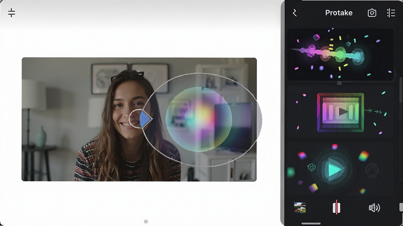 Protake app showing a transition effect being applied to a video clip, colorful visual effects panel on the right side