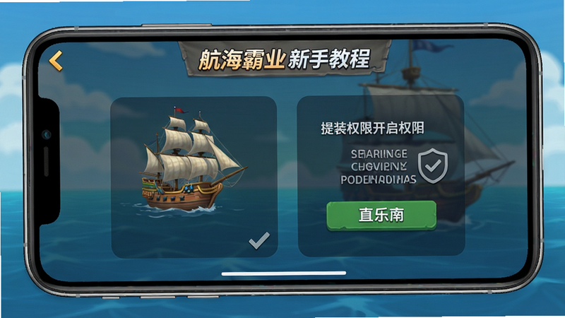 航海霸业新手教程界面,手机屏幕显示安装步骤,提示权限开启,简洁明了