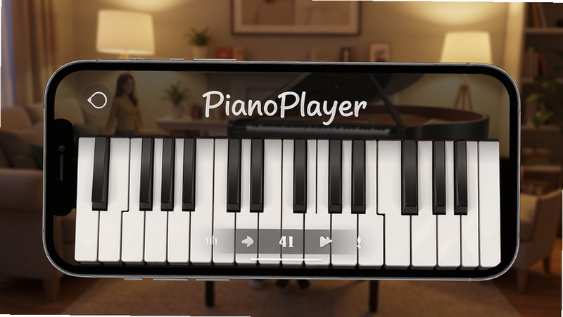 PianoPlayer app interface, a sleek smartphone displaying a digital piano keyboard with realistic keys, background is a cozy living room with soft lighting, user-friendly UI design, high resolution, clean style, text 