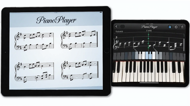 A digital sheet music display on a tablet screen next to a piano keyboard app interface, showing notes being played in real-time, elegant typography, PianoPlayer branding, educational and musical atmosphere, soft blue and white color scheme