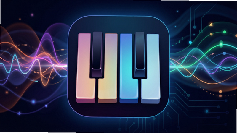 Visual representation of sound waves and piano keys, abstract background with flowing lines, PianoPlayer app icon in center, modern tech aesthetic, vibrant colors, clean layout, high definition