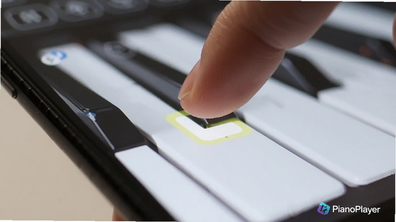 Close-up of a finger pressing a digital piano key on a smartphone screen, showing a glowing highlight on the key, background blurred, focus on the interaction, realistic lighting, PianoPlayer logo subtly visible in the corner, clean and modern aesthetic