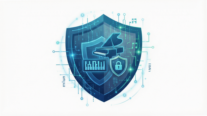 PianoPlayer security shield icon, abstract digital security concept, clean white background, minimalistic design, trust and safety theme, high quality vector art