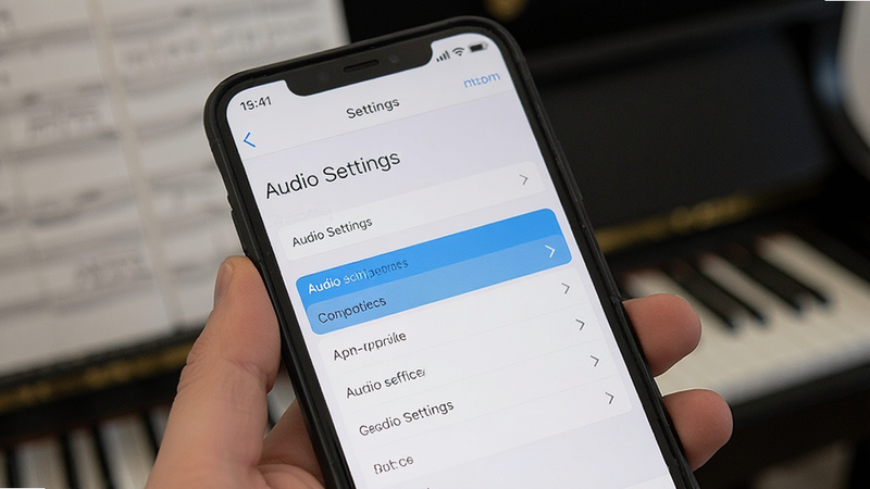 PianoPlayer troubleshooting guide, a smartphone showing a settings menu with audio options highlighted, clean interface, instructional style, no clutter, text 
