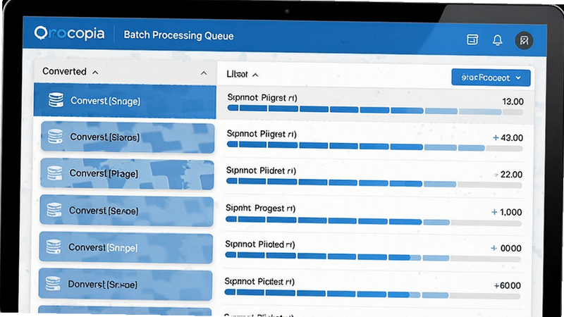 Convertopia batch processing queue interface, list of files being converted, progress bars, clean UI, blue accents