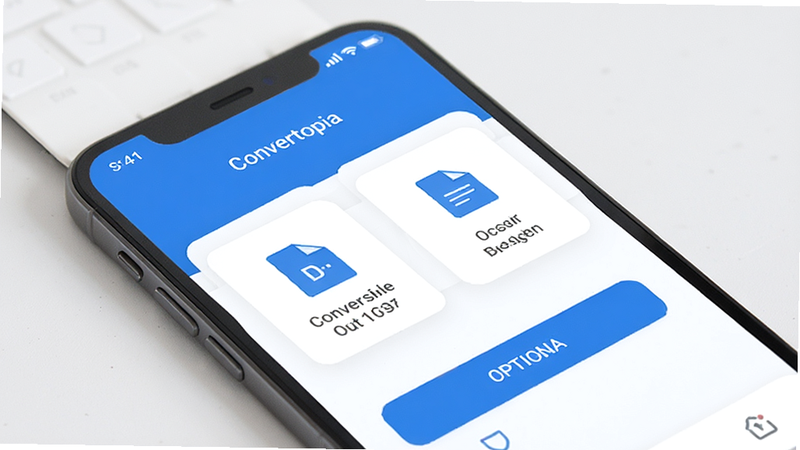 Convertopia app interface showing file conversion options, clean modern UI, blue and white color scheme, phone screen mockup, high resolution, minimalist style, no extra elements