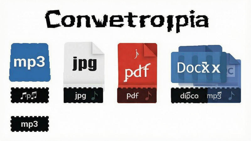Convertopia supported formats list, icons of mp3, jpg, pdf, docx, clean white background