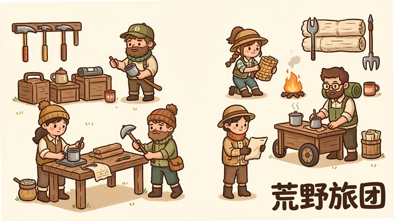 荒野旅团团队协作场景,主体为不同角色分工工作,布局对称,排版清晰,风格温馨卡通,细节包括工具与材料,画质干净,无多余元素,文字