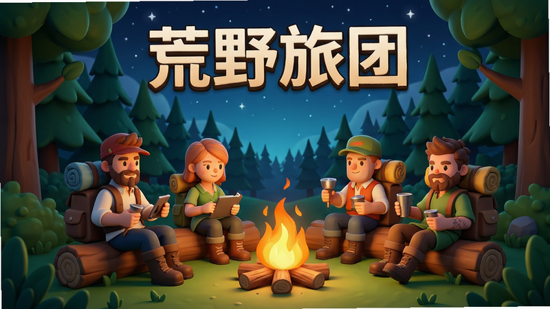 荒野旅团游戏宣传海报,主体为旅团成员在篝火旁休息,背景是茂密森林与星空,布局居中,排版简洁,风格卡通3D,细节丰富,画质高清干净,无多余元素,文字