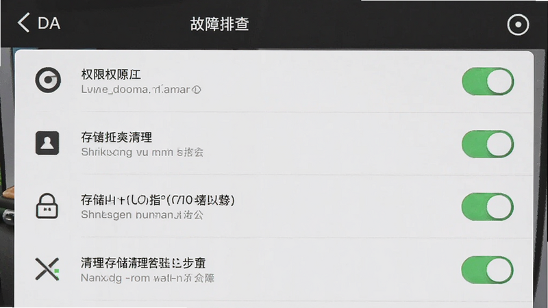 DA复古相机滤镜故障排查示意图,主体为手机设置界面,布局列表式,排版采用图标化指引,细节展示权限开关与存储清理步骤,画质高清干净无多余元素