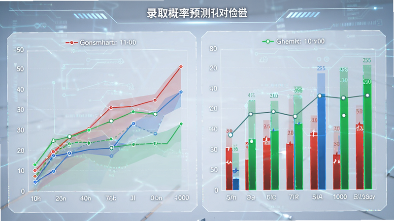 数据可视化图表,主体为折线图和柱状图展示录取概率预测,布局居中,排版对称,风格为科技感,细节包含红色、蓝色、绿色代表不同风险等级,画质高清干净
