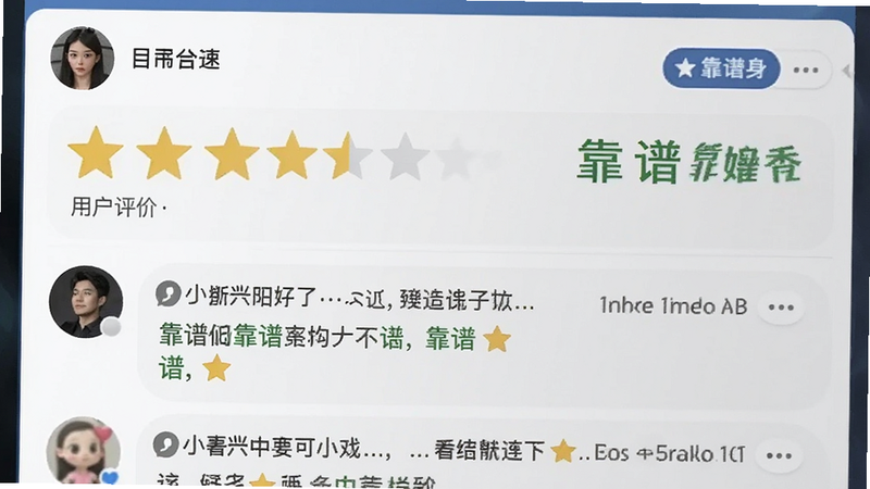 用户评价界面,主体为五星评分和评论列表,布局为卡片式,排版紧凑,风格为社交媒体,细节包含“靠谱”关键词,画质清晰