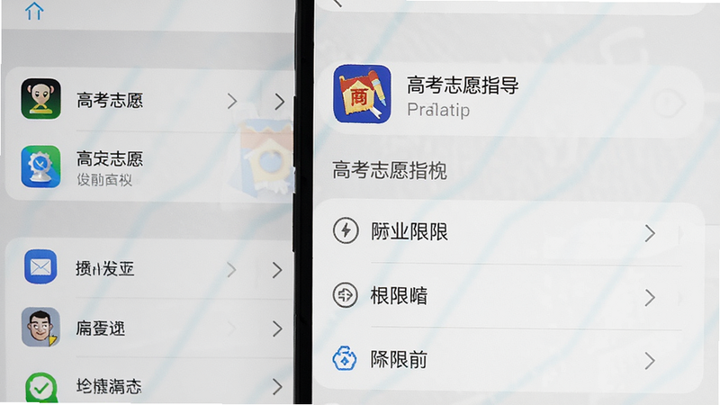 手机设置界面,主体为应用管理菜单,布局为侧边栏,排版清晰,风格为系统设置,细节包含“高考志愿指导”图标和权限选项,画质干净