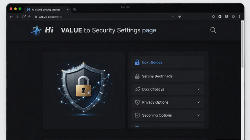 Hi VALUE security settings page, lock icon, shield graphic, privacy options list, dark mode interface, professional style