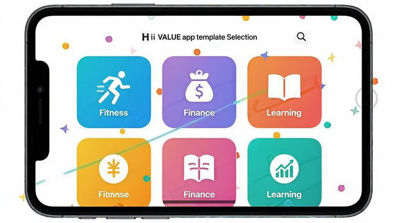 Hi VALUE app template selection screen, grid layout of icons for fitness, finance, learning, vibrant colors, user-friendly interface