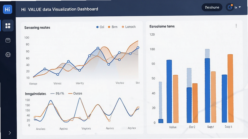 Hi VALUE data visualization dashboard, line graphs and bar charts, blue and orange color scheme, clean UI, modern style, high resolution