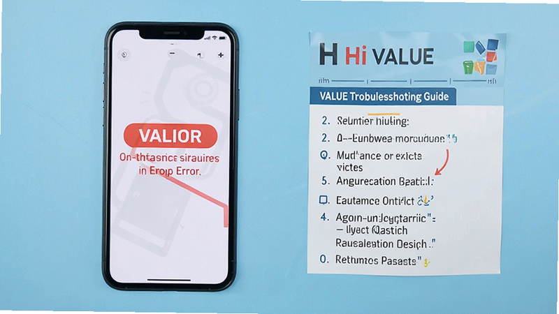 Hi VALUE troubleshooting guide, phone screen with error message, solution steps, clean background, instructional style